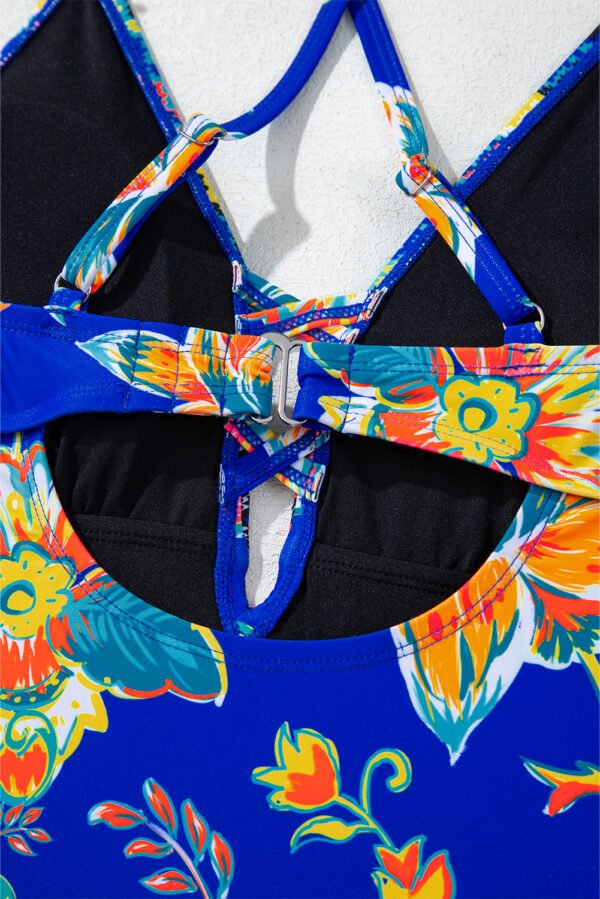 Blue Floral Plunging Slim & Sculpt One-Piece Crisscross Backless One Piece Swimsuit