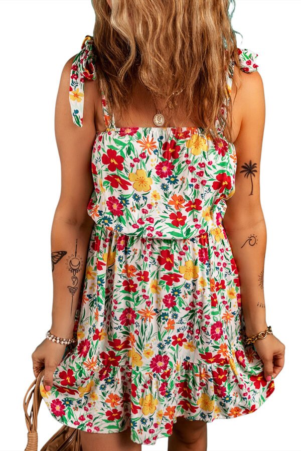 Red Floral Knotted Straps Cinched Waist Ruffle Hem Mini Dress