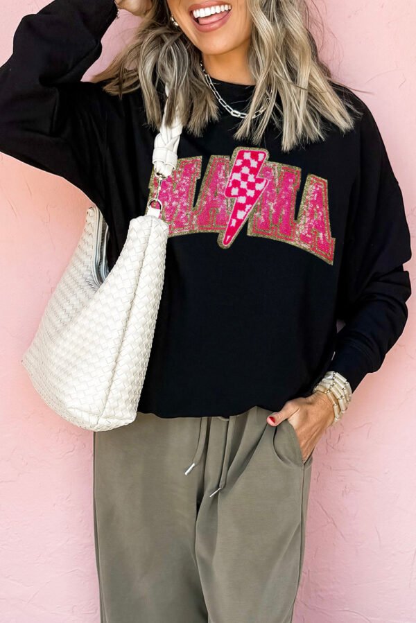 Black MAMA Shiny Graphic Pullover Sweatshirt