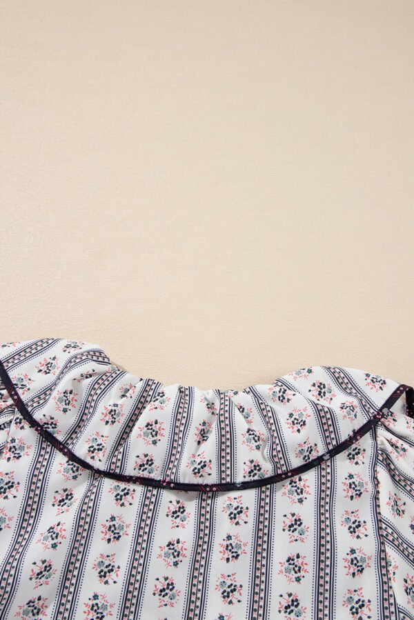 White Floral Ruffled Collar Short Puff Sleeve Printed Blouse