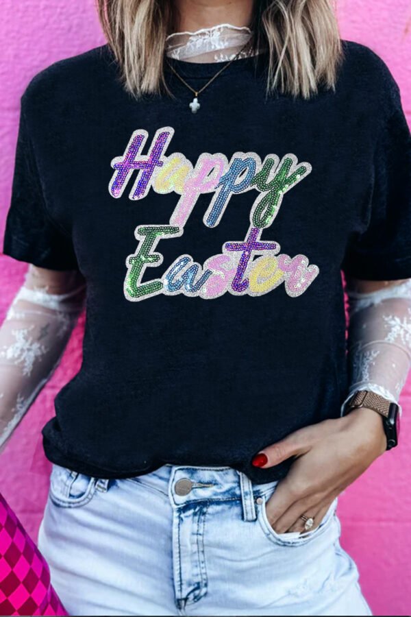 Black Sequined Happy Easter Graphic Tee