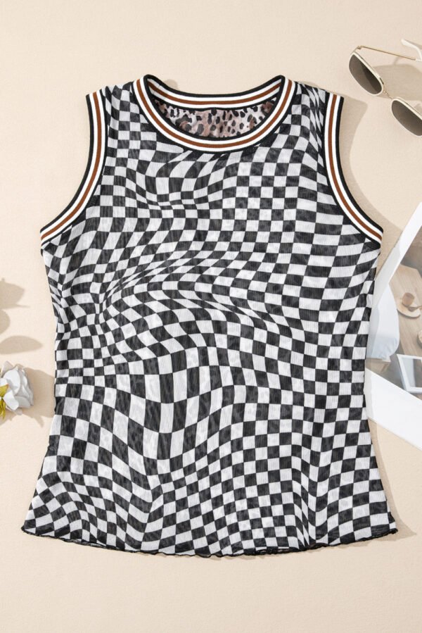 Multicolour Cheetah Checkered Dual Print Reversible Round Neck Mesh Tank Top