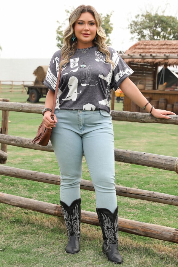 Gray Plus Size Western Boots Print Crew Neck T Shirt