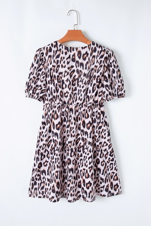 Brown Leopard Tied Front Keyhole Puff Short Sleeve Mini Dress