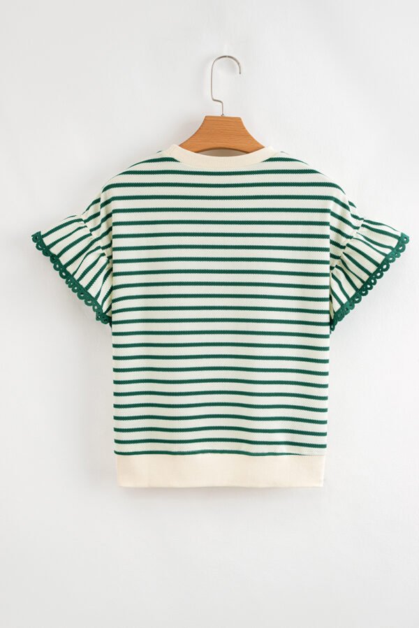 Green Stripe Scallop Lace Trim Ruffle Short Sleeves Crewneck Top