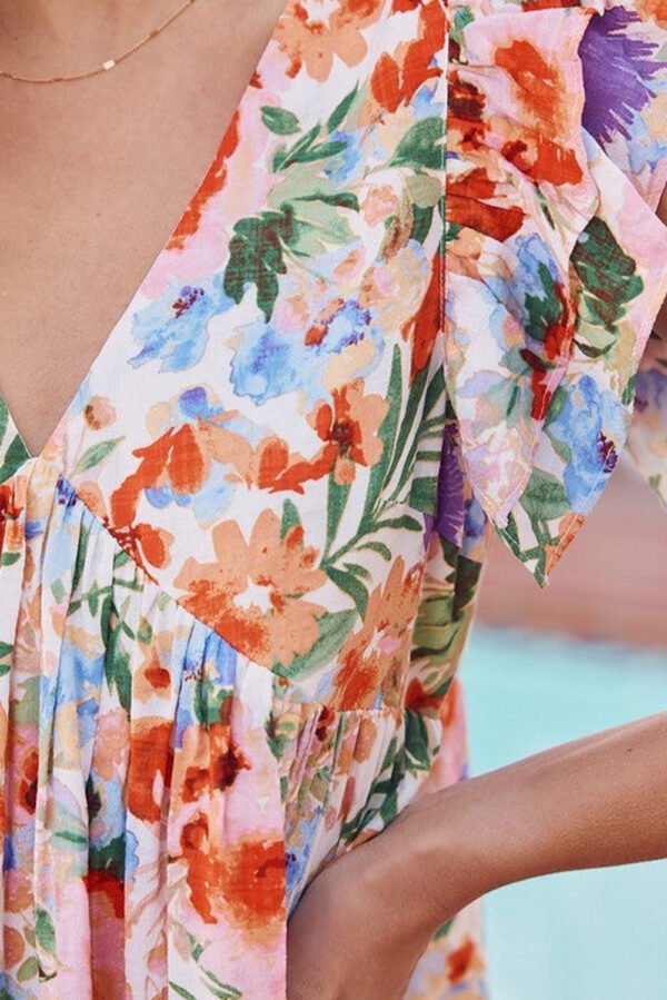 Pink Floral Double Ruffle Sleeve V Neck High Waist Mini Dress