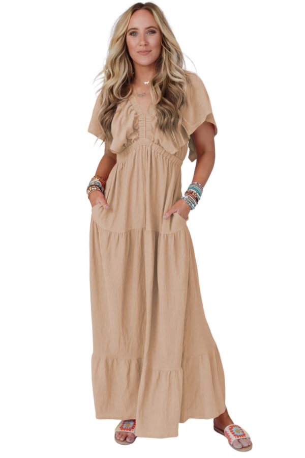 Parchment Textured V Neck Flutter Sleeve Ruffled Maxi Dress
