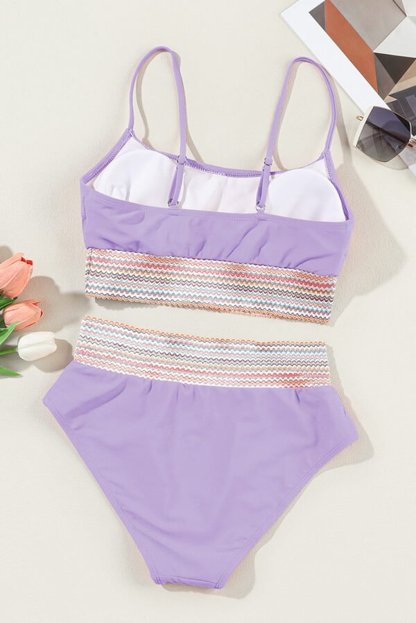 Orchid Petal Striped Patchwork Spaghetti Strap High Waist Bikini Swimsuit