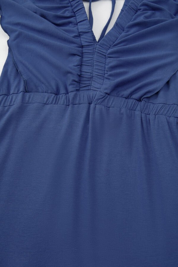 Navy Blue Textured V Neck Flutter Sleeve Ruffled Maxi Dress