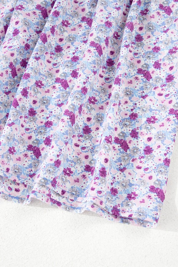 Purple Floral Short Bubble Sleeve Shirred High Waist Maxi Dress
