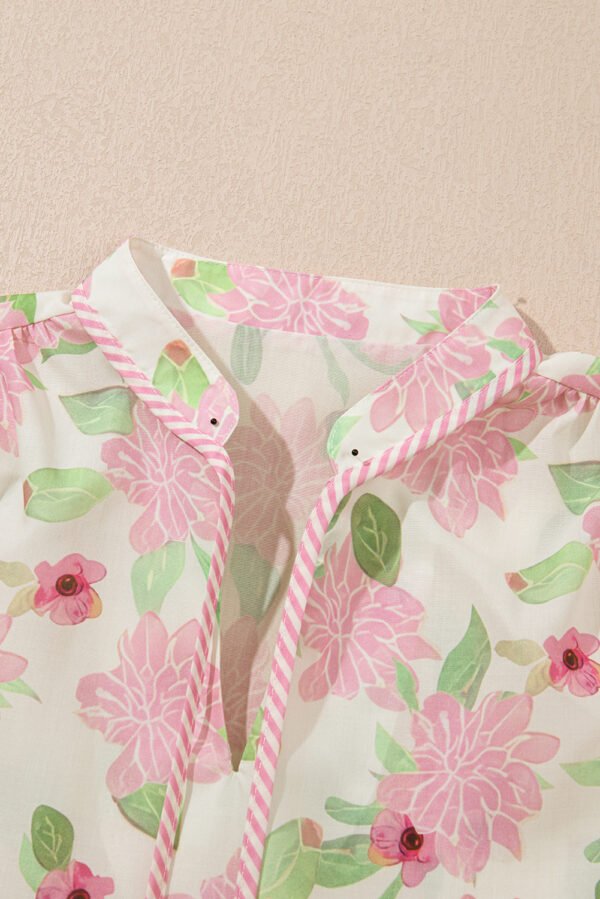 Pink Floral Print Drawstring V Neck Peplum Blouse