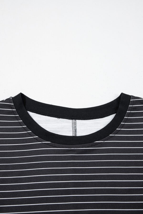 Black Stripe Ruffled Short Sleeve Crew Neck T Shirt Shift Mini Dress