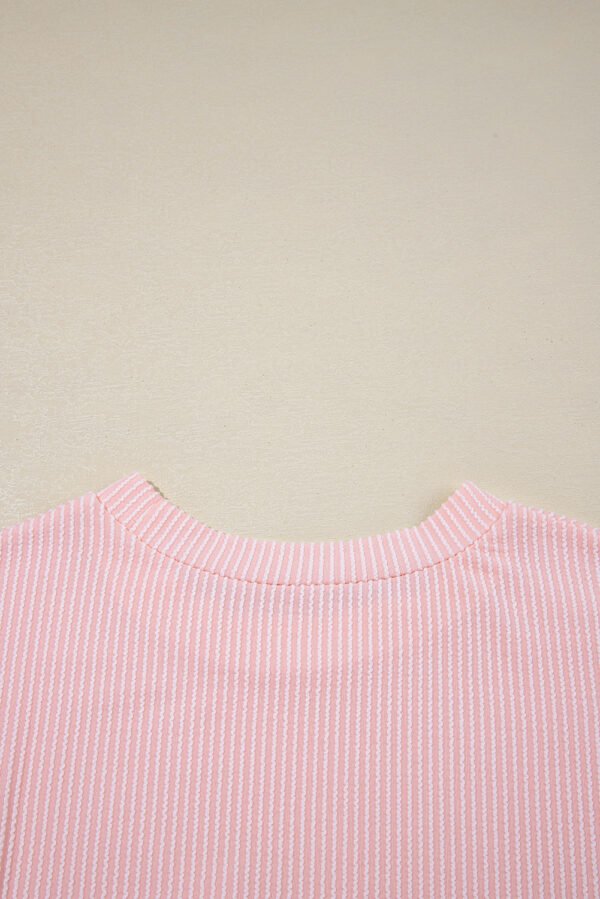 Pink Corded Knit Color Block Pocketed Crew Neck T Shirt