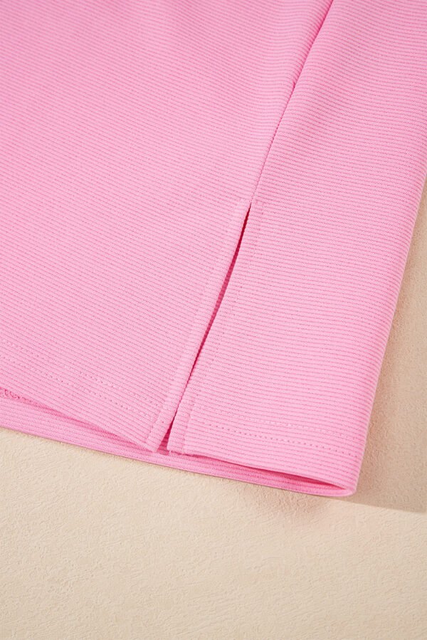 Pink Contrast V Neck Ruffled Textured Knit Top