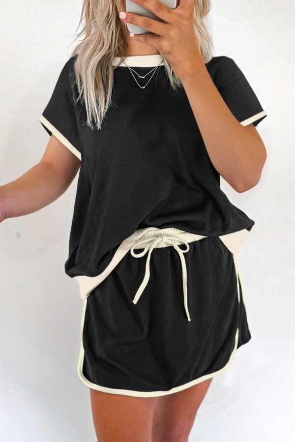 Black Colorblock Edge Drop Shoulder T Shirt and Skort 2Pcs Set