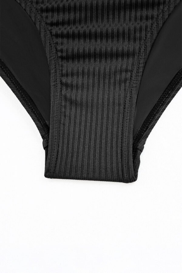 Black Ribbed Dual Crisscross Straps Cut-Out Back Tankini Suit