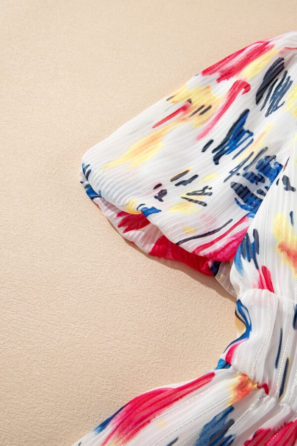 Rose Abstract Print Short Puff Sleeve Tiered Maxi Dress