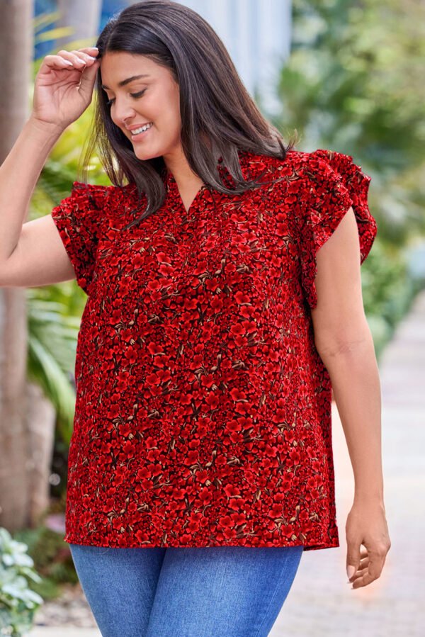 Fiery Red Rose Floral Print Ruffle Sleeve Plus Size Shift Top