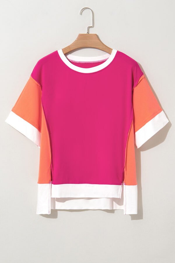 Rose Red Color Block Patchwork Side Slits Loose Fit T Shirt