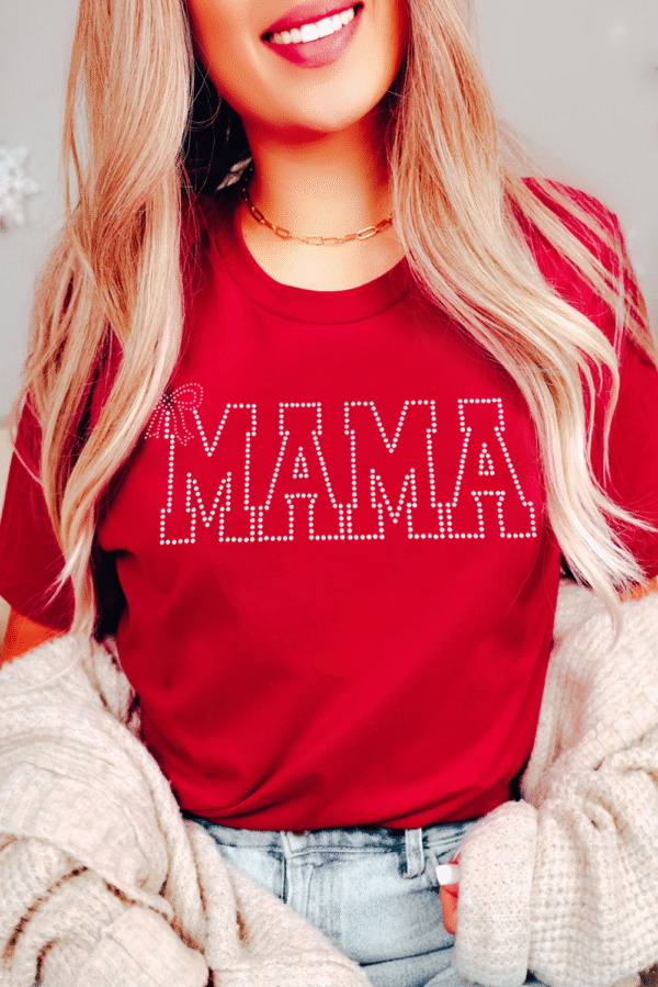 Red Rhinestone MAMA Bow Knot Pattern Crew Neck Loose Tee