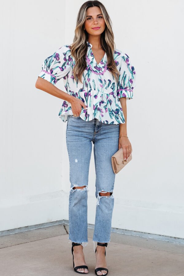 Purple Floral Ricrac Trim Half Sleeve Peplum Top