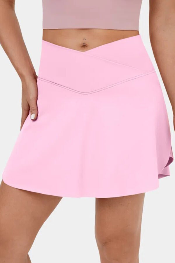 Pink Solid Pocketed Crossover High Waist Swim Skort