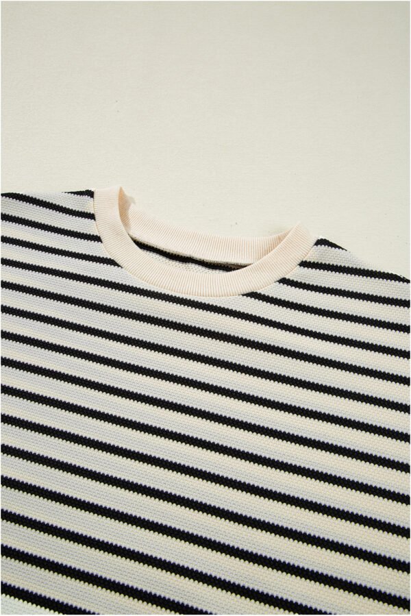 Black Stripe Scallop Lace Trim Ruffle Short Sleeves Crewneck Top
