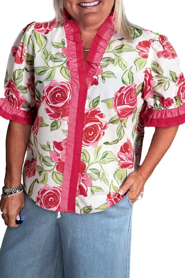 Rose Plus Size Floral Print Frilled Stripes Detail Short Sleeve Blouse