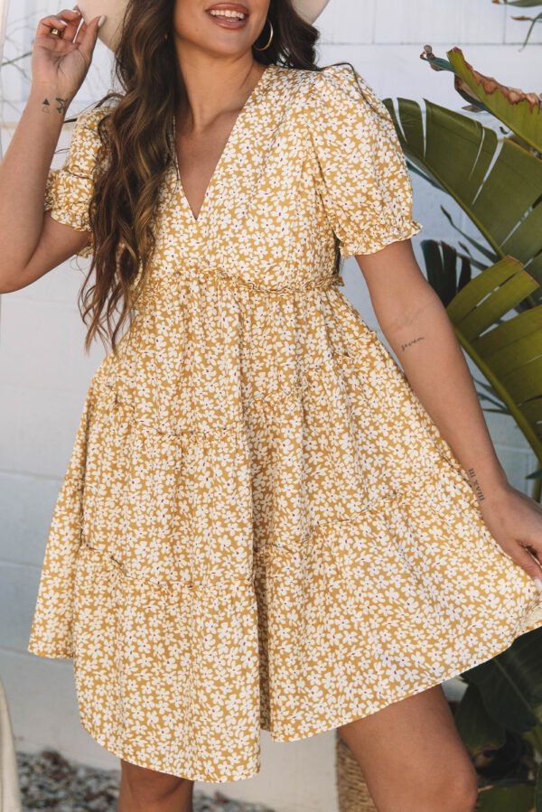 Yellow Floral Short Sleeve V Neck Frilly Tiered Mini Dress