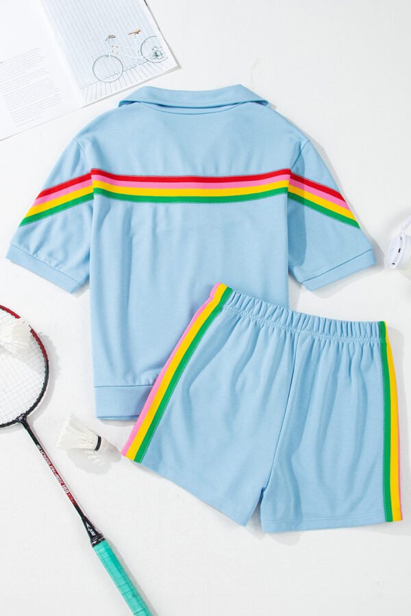 Sky Blue Rainbow Colorblock Collared Short Sleeve Top 2 Piece Shorts Set