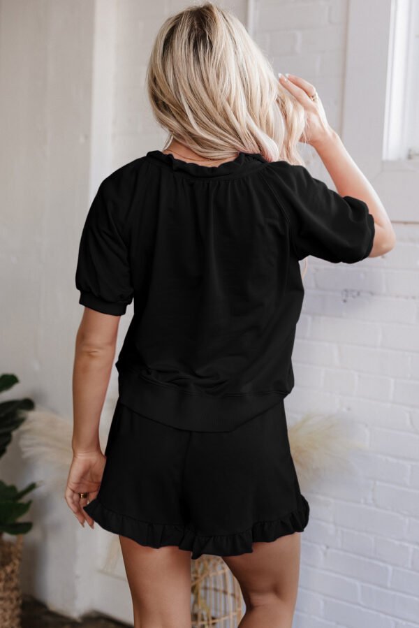 Black Half Zip Puff Sleeve Top and Ruffled Shorts Set