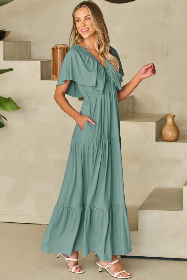Green Textured V Neck Flutter Sleeve Ruffled Maxi Dress