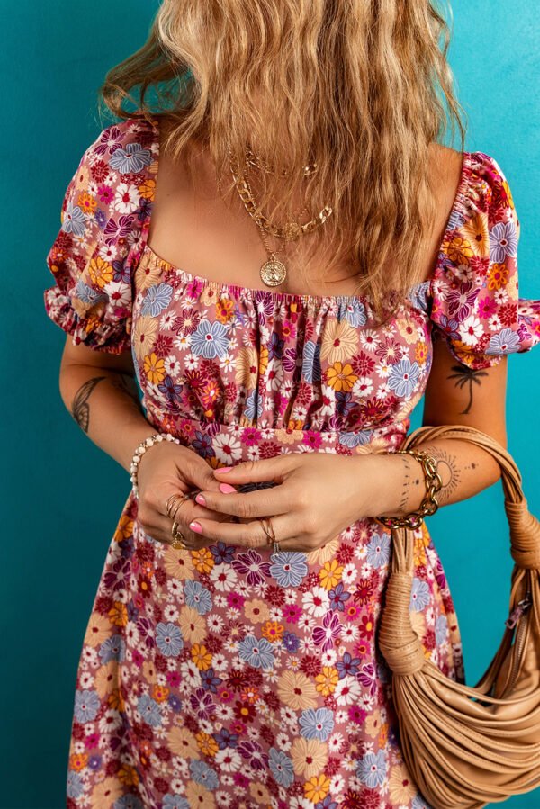 Red Floral Puff Sleeve Square Neck Knot Open Back Mini Dress