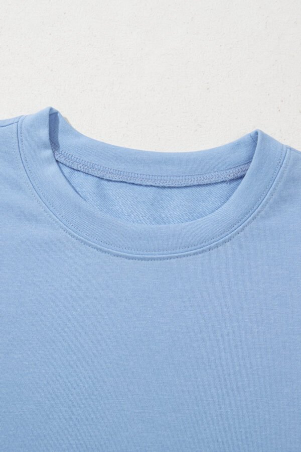 Beau Blue Eyelet Flower Embroidered Puff Short Sleeve Patchwork Crew Neck Blouse