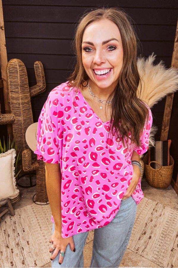 Pink Leopard V Neck Loose Short Sleeve Top