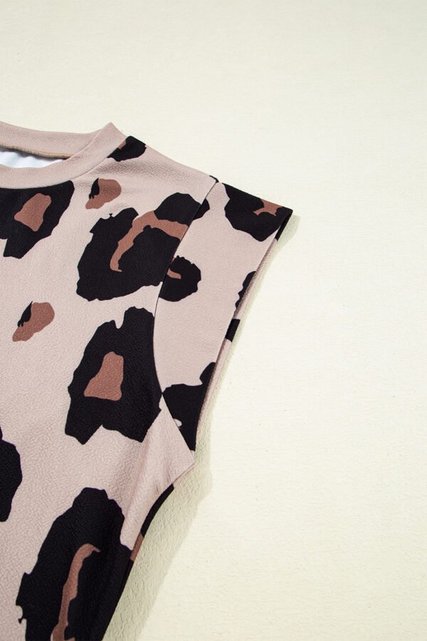 Khaki Leopard Crew Neck Cap Sleeve Casual Tee