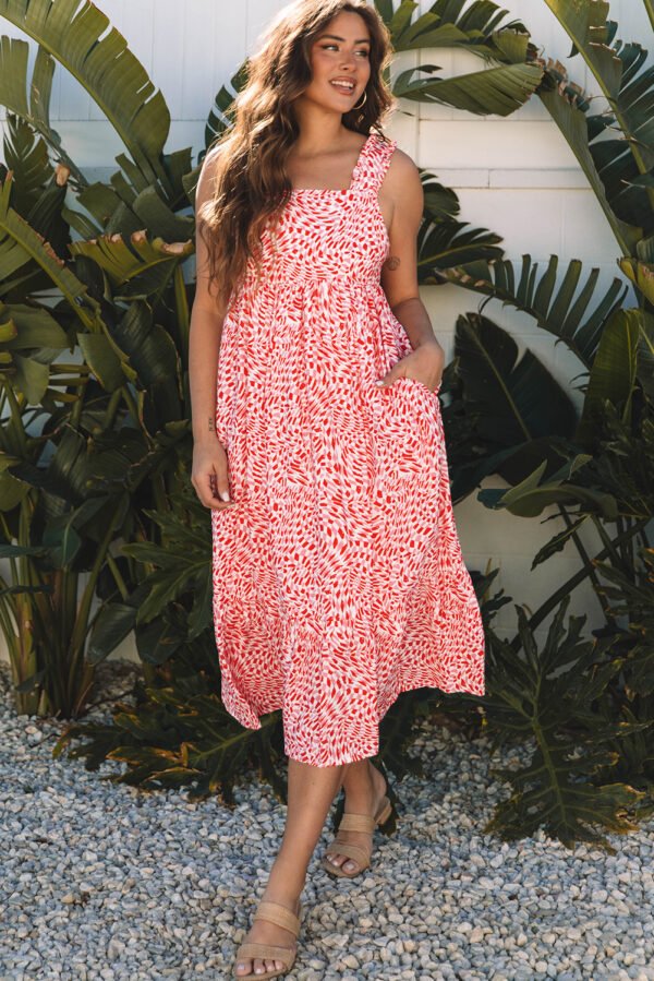 Pink Geometric Print Knot Back Sleeveless Ruffle Hem Dress