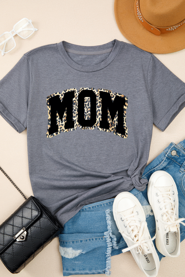 Gray Leopard MOM Graphic Crewneck Mothers Day T Shirt
