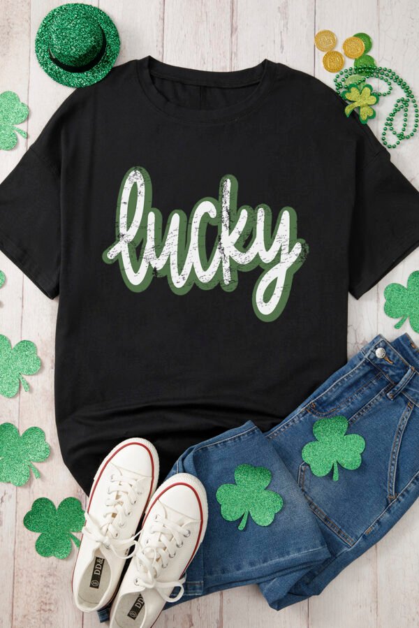 Black St Patricks Day lucky Cracked Letter Graphic T Shirt