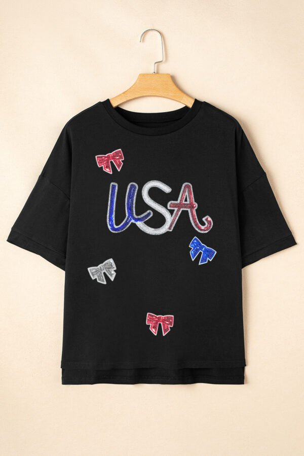 Black Sequin USA Bow Graphic Independence Day T Shirt