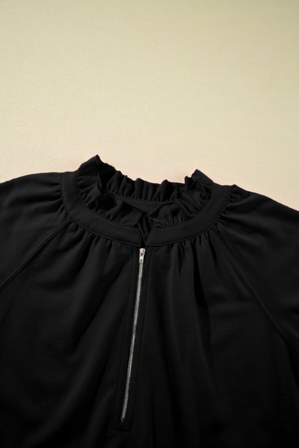Black Half Zip Puff Sleeve Top and Ruffled Shorts Set