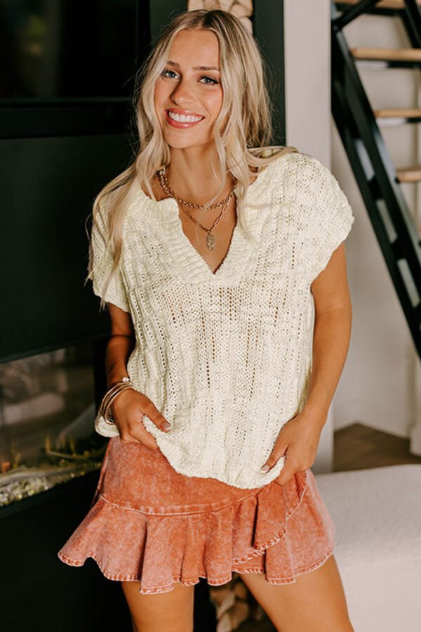 Beige Notched V Neck Short Sleeve Sweater