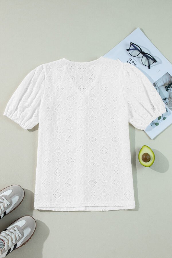 White Lace Puff Sleeve V Neck Button Up Shirt