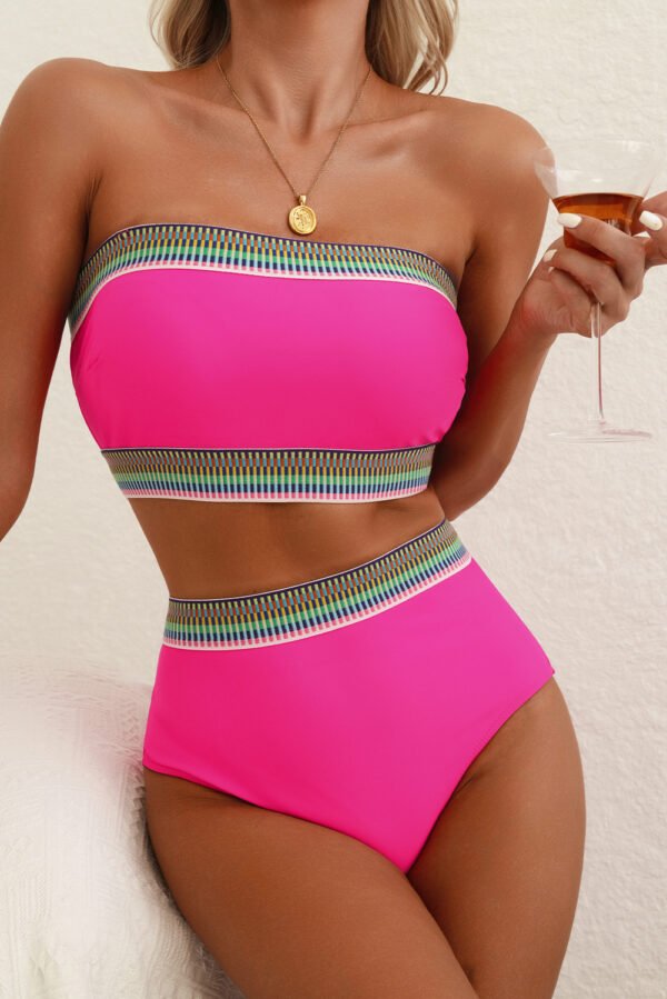 Rose Red Contrast Banding Tube Bikini High Waist 2pcs Swimsuit