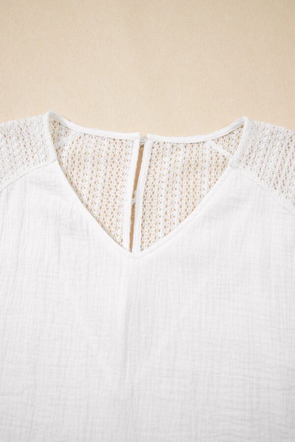 White Lace Crochet Textured Button Back V Neck T Shirt