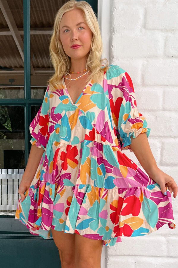 Rose Red Floral Bubble Sleeve V Neck Tiered Ruffle Babydoll Dress