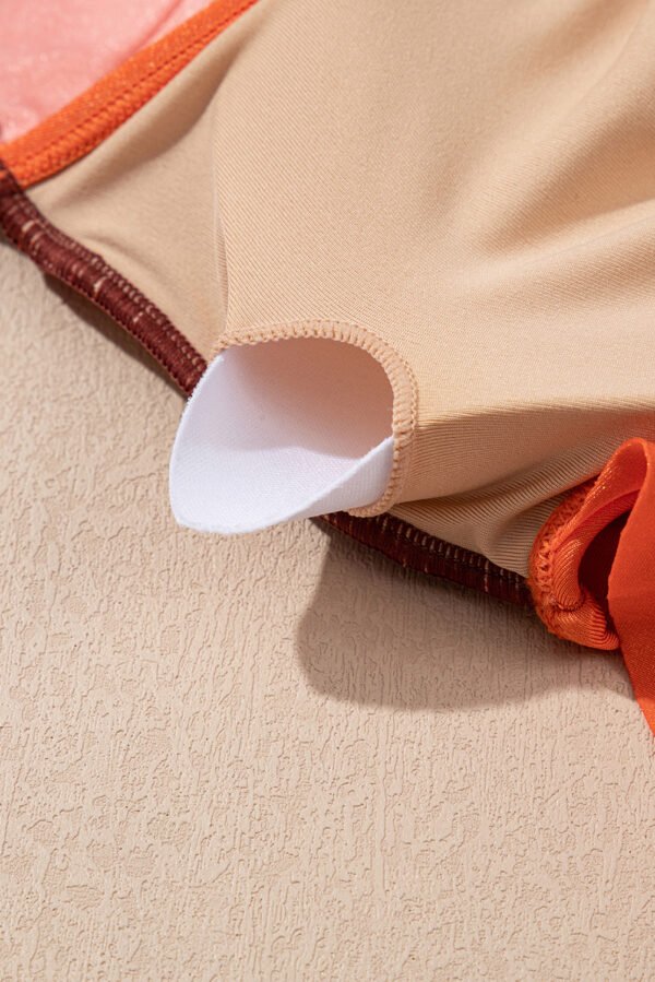 Orange Ruffle Sleeve Tricolor Cutout Front Ring One Piece Swimsuit
