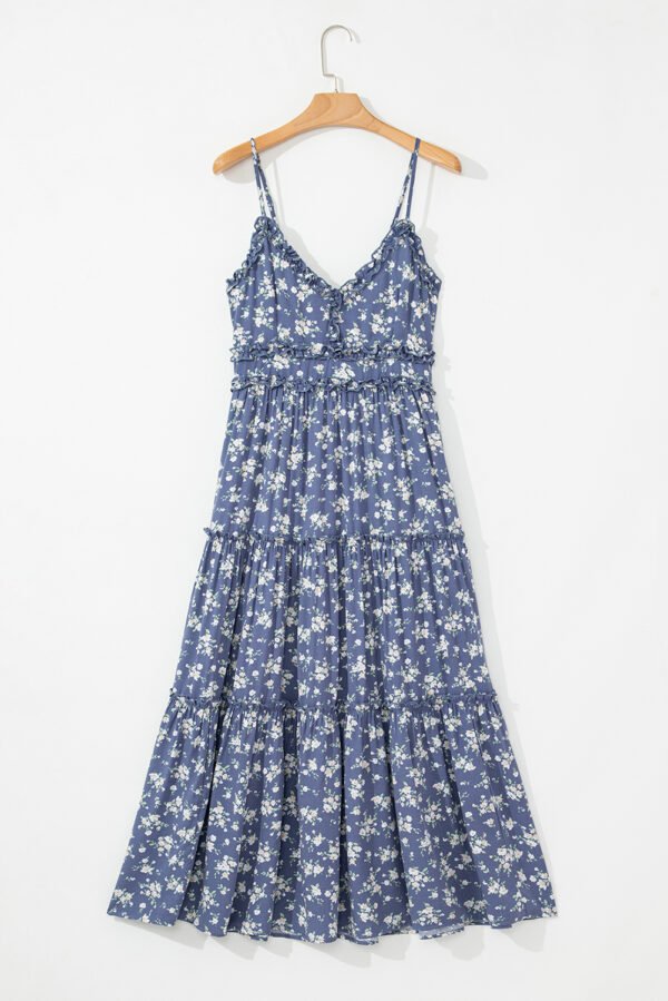 Blue Floral Spaghetti Strap Frilled V Neck Tiered Midi Dress