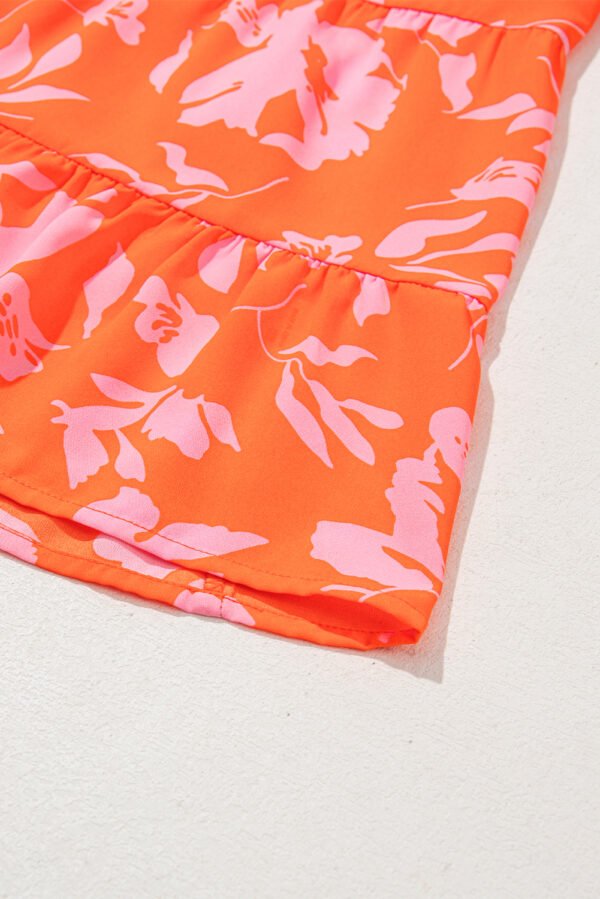 Orange Floral Print Collared Button Neckline Flutter Sleeve Blouse