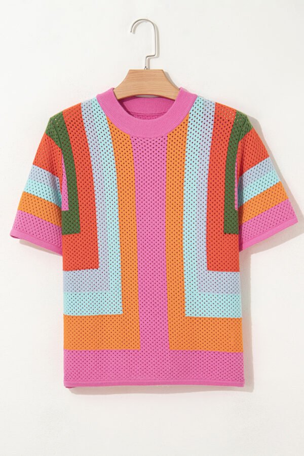 Orange Color Block Eyelet Casual Sweater T Shirt